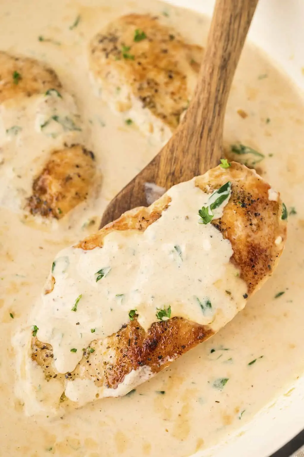 uicy chicken breasts smothered in creamy garlic Parmesan sauce with fresh herbs